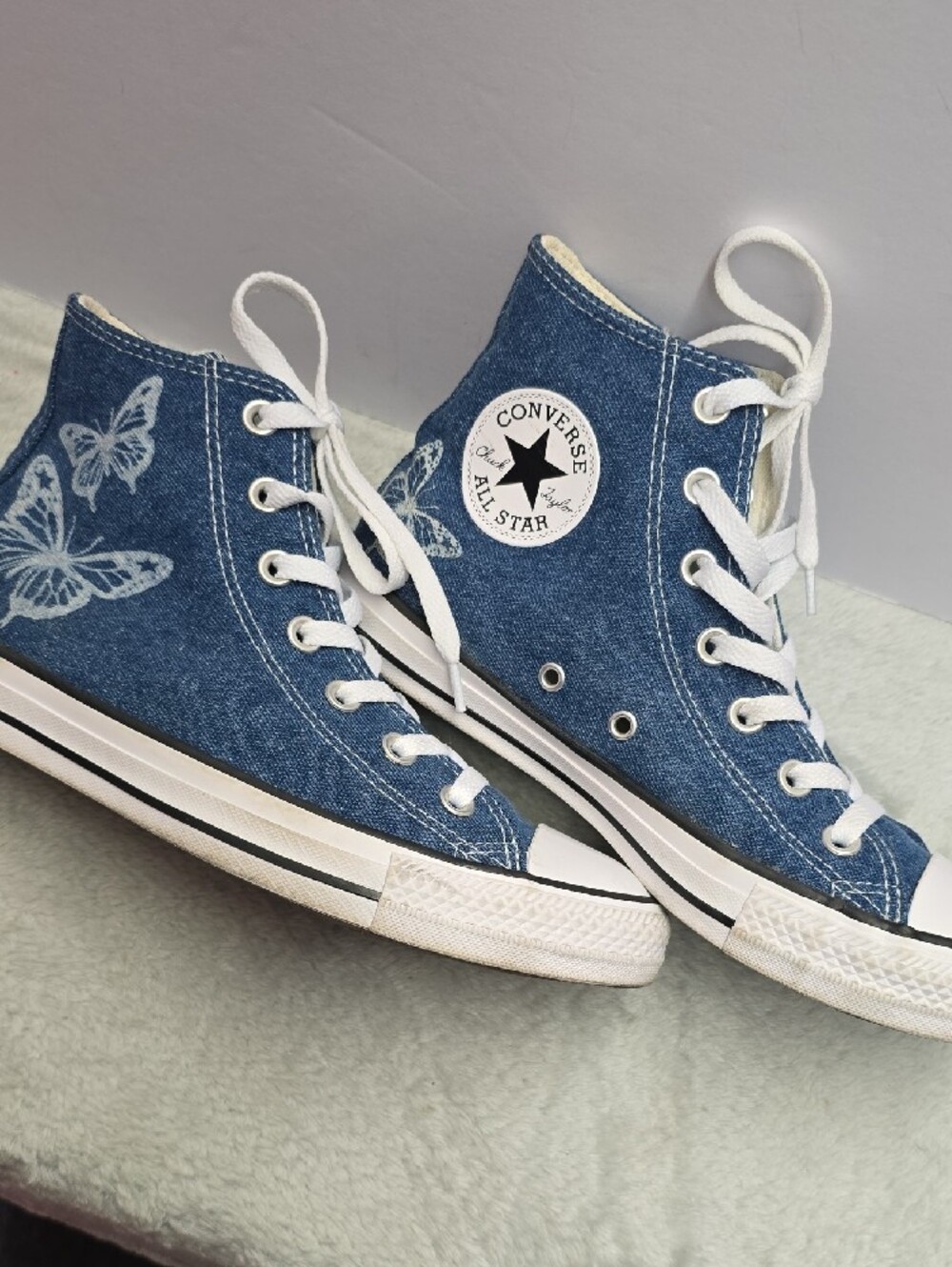 Converse High Top Sneakers in Blue Denim with White Butterfly Accents - Picture 2 of 7